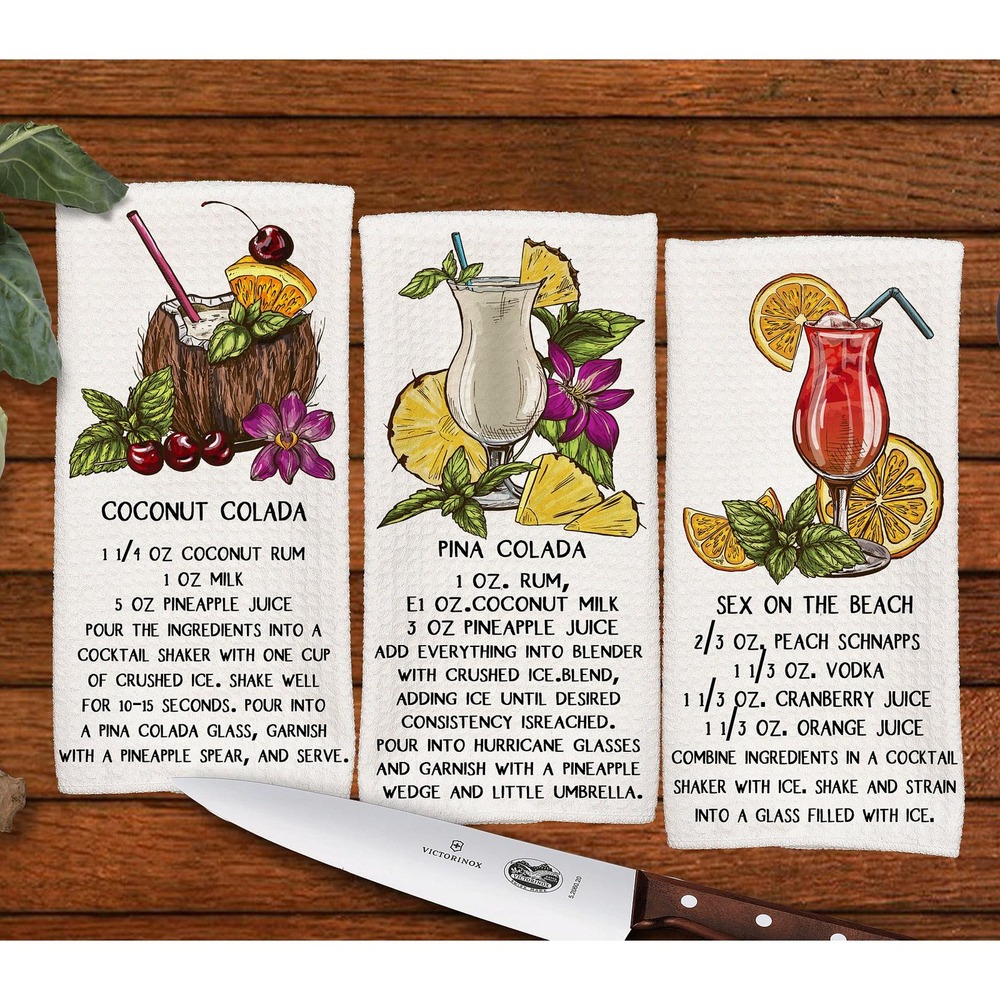 Tropical Cocktail Beverage recipe Bar towel set, Gift for Dad, Dish Towel, set 1